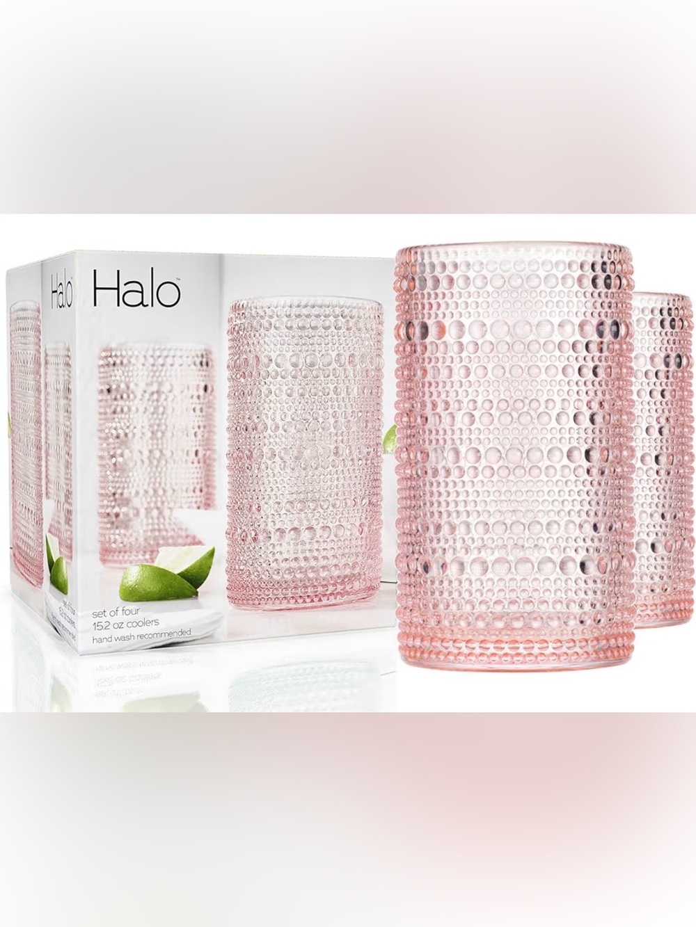 NWB Halo Hobnail Drinking Glasses, Pink Vintage Glassware Set Set Of 4 15 oz